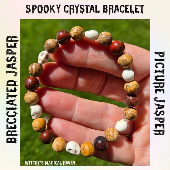 Brecciated and Picture Jasper Skull Spook Gemstone Beaded Bracelet - Picture 1 of 7